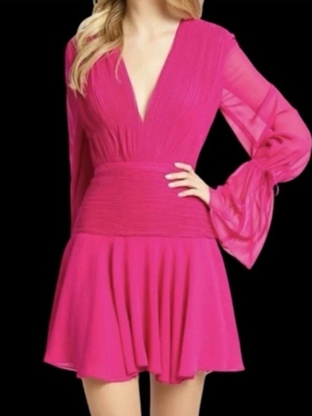 Mac Duggal Hot Pink Pleated Bell Sleeve Chiffon Mini Dress NWT Size 8